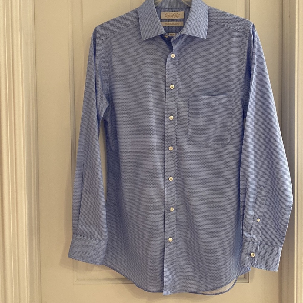 Mens Gold Label blue long sleeve button down slim fit non-iron dress shirt - Picture 7 of 11